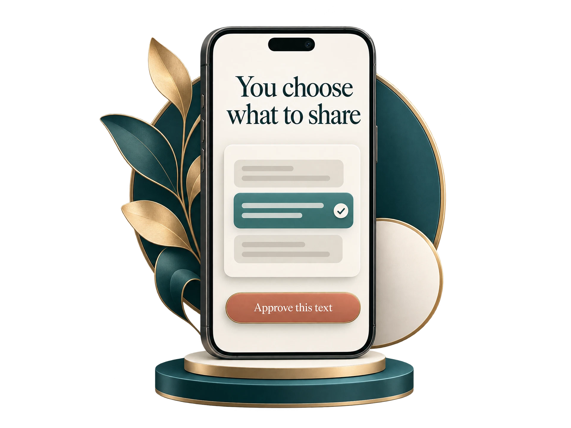 Concept graphic: a phone showing selected wording and an approval button before sharing