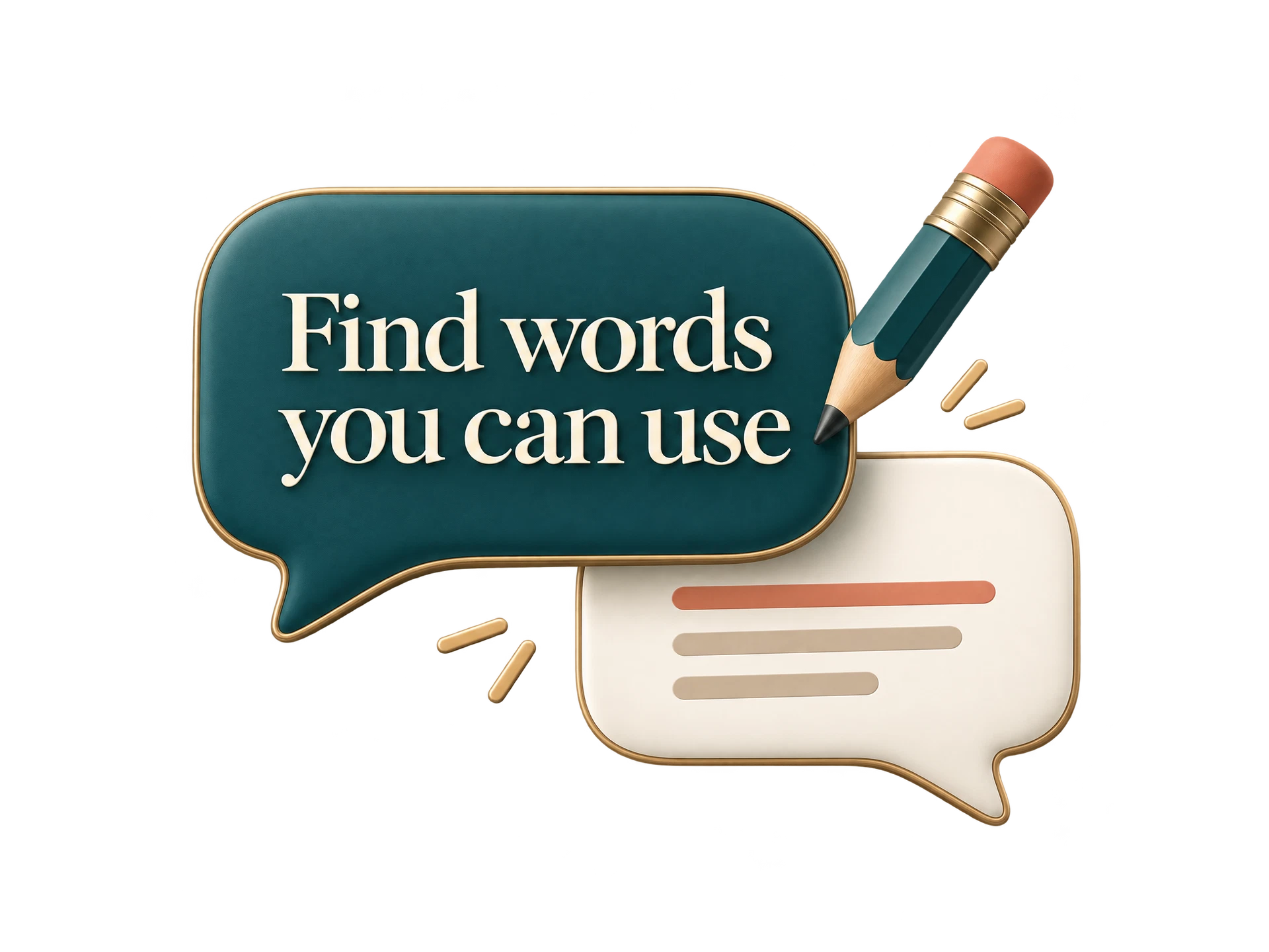 Concept graphic: editable speech panels and a pencil for finding usable words
