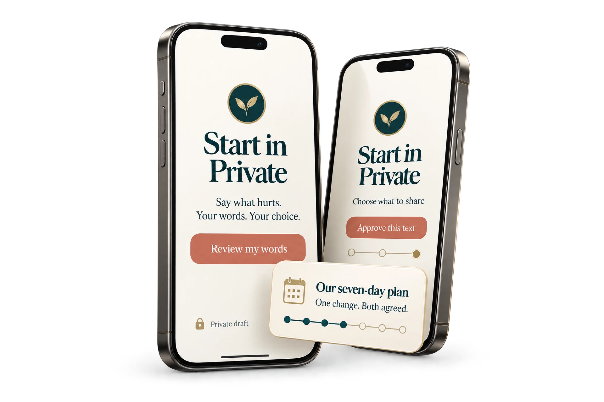 Start in Private product concept: two phones showing private drafts and approved sharing, with a seven-day agreement