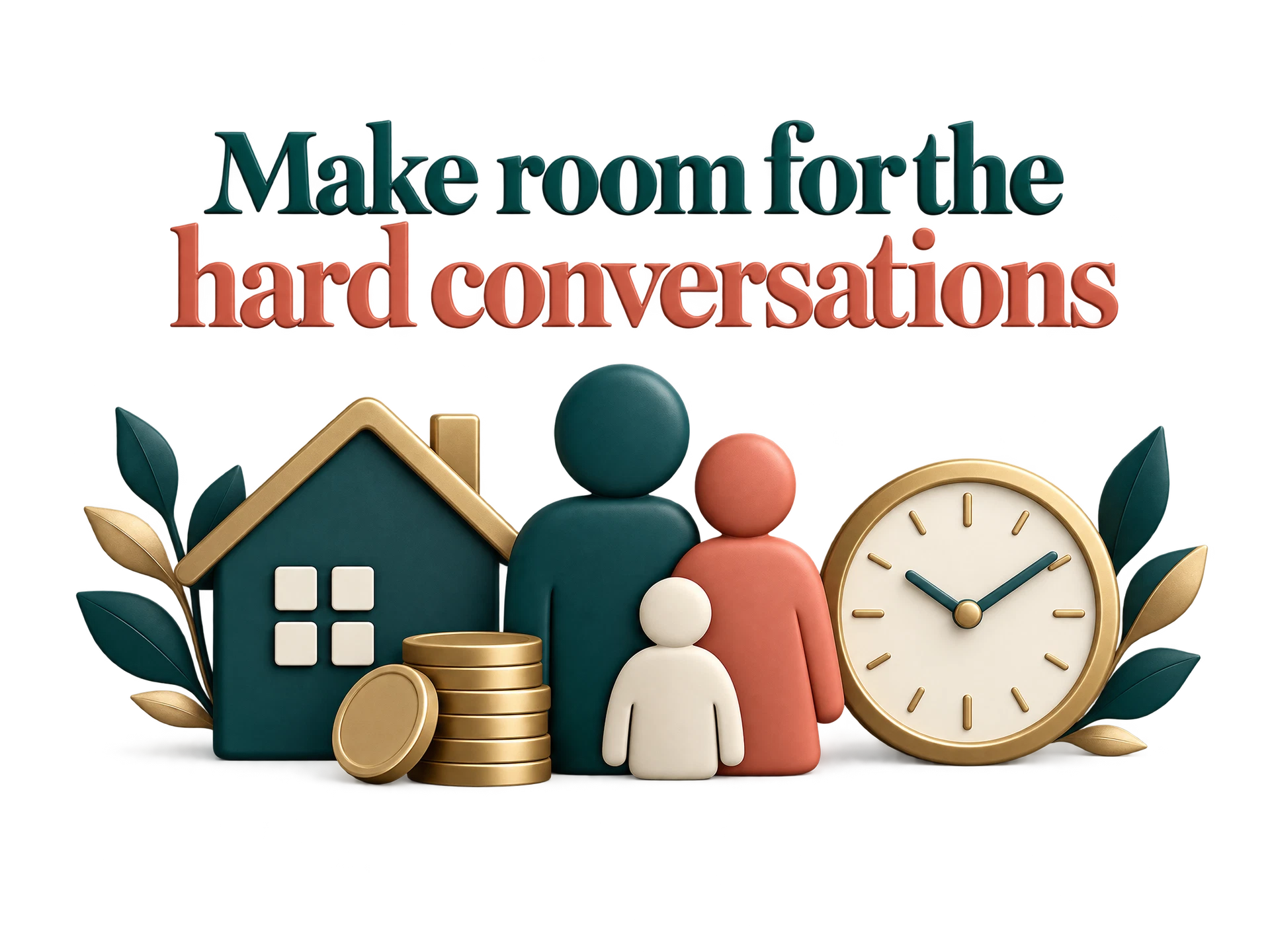 Concept graphic: household, money, parenting and time together as topics for a hard conversation